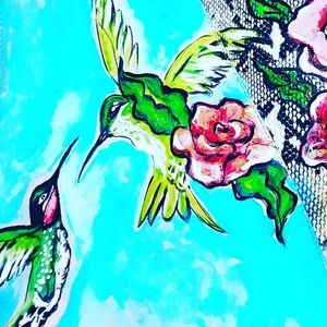 Sold-Gorgeous wearable art! Floral Brazilian hummingbird  hand painted in a bag